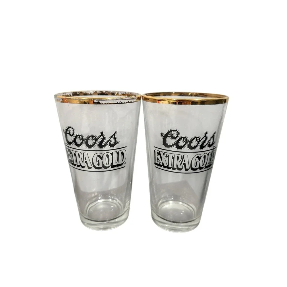 Set of 2 Vintage Coors Light Extra Gold Beer Glasses Gold rimmed‎